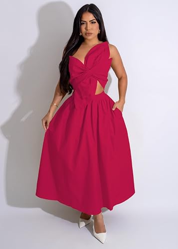 Image of YUEWOO Midi Dresses for Women Casual Summer Sundresses Vacation Outfits Spaghetti Strap Smocked Women Maxi Dress with Pockets