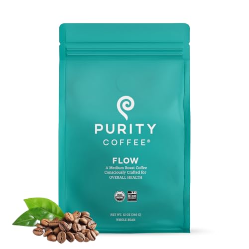 Purity Coffee FLOW Medium Roast Organic Coffee - USDA Certified Organic Specialty Grade Arabica Whole Bean Coffee - Third Party Tested for Mold, Mycotoxins and Pesticides - 12 oz Bag