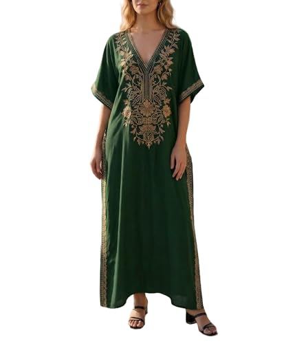 NFVNKJ Swimsuit Cover Ups Embroidery V Neck Short Sleeve Swim Cover Up for Women Kaftan Dresses