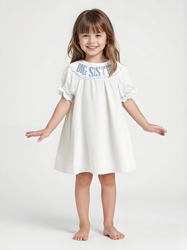 Big Sister Smocked Dress Toddler Little Girls Puff Short Sleeve Letters Embroidery Bishop Dress2