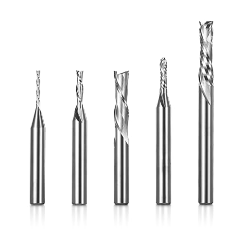 Genmitsu 5-teiliges Schaftfräser-Set für CNC-Fräser mit Down-Cut und Kompressionsschnitt, 1/4-Zoll-Schaft, CNC-Fräser aus Wolframstahl für Fräsmaschine mit 2-schneidigem Fräsersatz, DSBC05