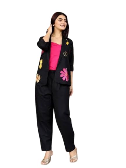 BILLISH Women’s Floral Print Beige Pantsuit with Pink Inner Top – Stylish Notched Lapel Matching Trousers Black-picture-10