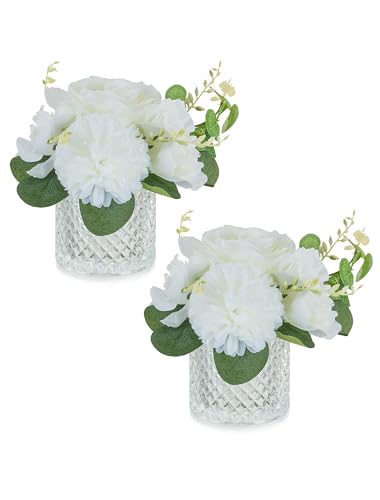 NUPTIO Bouquet de Fleurs Artificielles Vase: 2 Pièces Petit Blanc Fausses Fleurs Verre Vases pour Interieur Maison Bureau - Faux Decoratif Rose Soie Centre de Table...