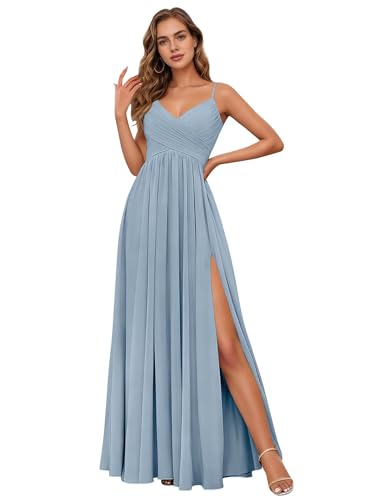 Fair Lady Dusty Blue Bridesmaid Dresses Long Ball Gowns with Slit Chiffon Ruching Western Maid of Honor Dress Floor Length Spaghetti Straps V Neck A Line Formal Evening Party Gowns for Women US14