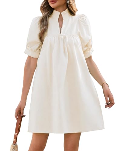Image of YEXPINE Women's Ruffle Collar High Neck Mini Dress Puff Short Sleeve Cotton Babydoll Peplum Dresses with Pockets