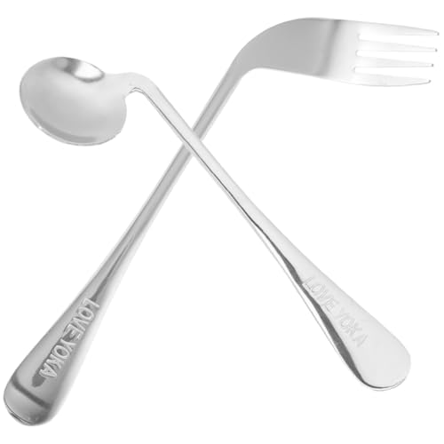 HAPINARY Elderly Patients' Angled Feeding Spoon Fork 2pcs Stainless Steel Utensils Comfortable Handle