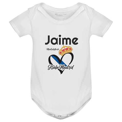 QCM PRODUTOS PERSONALIZADOS Body de bebé manga corta | Diseño de equipo de fútbol y nombre personalizado | 100% algodón | Regalo recién nacido (Blanco, 3 meses, Madrid)