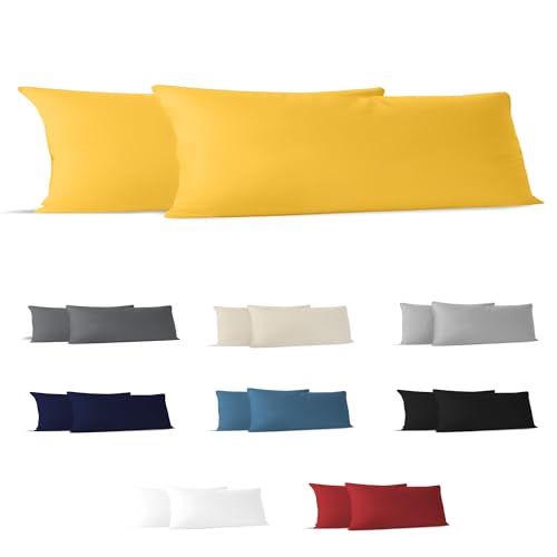 Dreamzie Taie Oreiller 40x145 cm (Lot de 2) 100% Coton Jersey 150 GSM - Jaune - Taie d'oreiller 40 x 145 Coton - Housse de Coussin Résistant et...