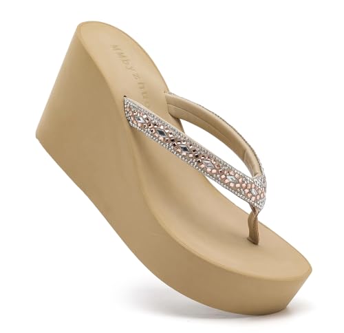 Image of Rhinestone Womens Wedge Sandals for Women Platform Flip Flops Chunky wedge flip flops Heels Sandals Women Wedding Shoes
