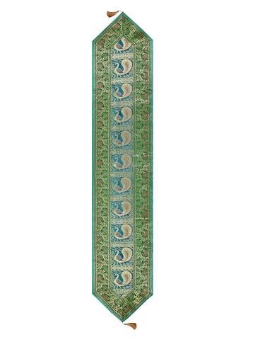 Image of Banarasi Brocade Zari Silk Table Runner Dinning & Centre Table Runner 177 By 30 CM (Green, Peacock)