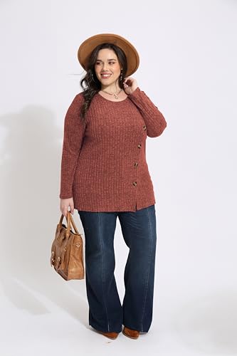 Image of RITERA Plus Size Sweater, Ribbed Long Sleeve Solid Top for Women | Soft vertical ribbed knit, modest V neck, loose long sleeves, curved swing hem, slimming casual layering top for curvy women