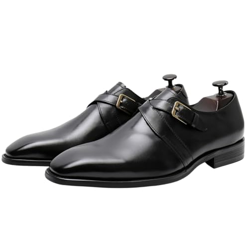 Mens Cowhide Single Layer Buckle Strap Slip on Loafer Cap Toe， Leather Oxford Business Casual Comfortable Dress Shoes for Men
