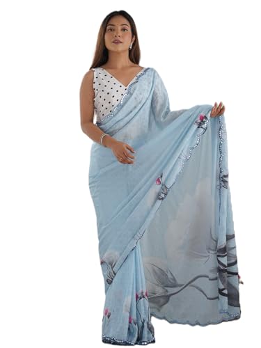 Image of Panzora Women's Chinon Printed Saree With Unstitched Blouse Piece