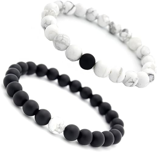 Image of Fashion Frill Stylish Couple Bracelets Black & White Red Natural Stone Onyx Stretchable Wrist Band Heart Magnetic Bracelet For Women Men Boys Girls Love Gifts Friendship Promise Bracelets