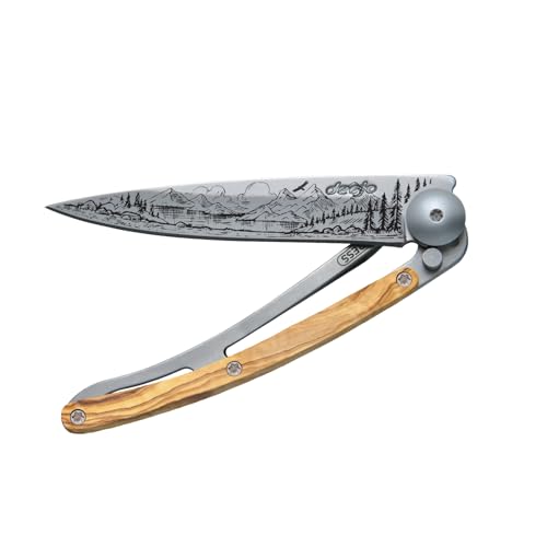Deejo - Couteau de Poche Pliant 27g - Manche en Bois d’Olivier, Lame en Acier Inoxydable Z40C13 - Motif Montagne - Couteau de Table, Randonnée, Camping, Bivouac