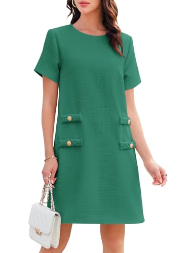Image of Wenrine Women's Tweed Mini Dress Short Sleeve Crew Neck Work Office Elagant Formal Summer A Line Dresses