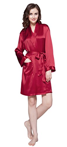 LilySilk Red Silk Robe for Women Short 100 Mulberry Silk Kimono Night Comfy L