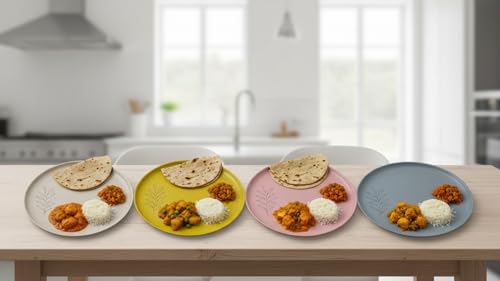 Image of Happy Cove Eco-Friendly Dinner Plate Set of 4, 12 Inch with Engraving Design | Biocomposite Rice Husk & Bamboo Fibre Serving Plates | Unbreakable, Microwave Safe, Oven Plate, Multicolour
