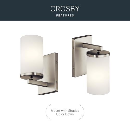 Image of Kichler Crosby 9.25 inch Wall Sconce in Brushed Nickel, 1-Light Contemporary Hallway or Bathroom Light with Satin Etched Cased Opal Glass, (9.25 inch H x 4.5 inch W), 45495NI