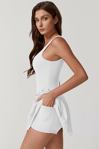 Image of QINSEN Womens Square Neck Tennis Dress Pleated Sleeveless Built in Shorts Golf Athletic Dress with Pockets