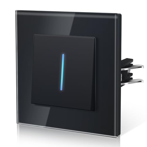BSEED Lichtschalter aus Glas,Unterputz Schalter mit Krallen, Wechselschalter mit Hintergrundlicht, Einfach Montage, NEU E-Serie,1 Fach 1 Weg,86mm Schwarz
