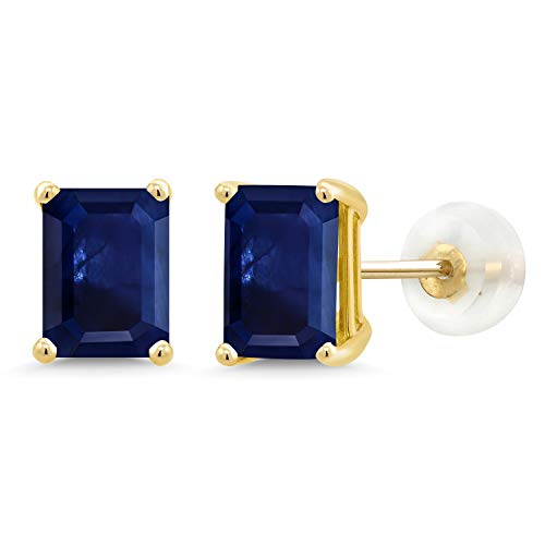 Gem Stone King 14K Yellow Gold Blue Sapphire Women Stud Earrings (3.12 Cttw Emerald Cut 7X5MM)