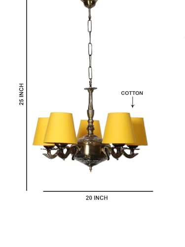 Image of Devansh 05 Lights Yellow conical Cotton Shade with Antique Golden Chandelier
