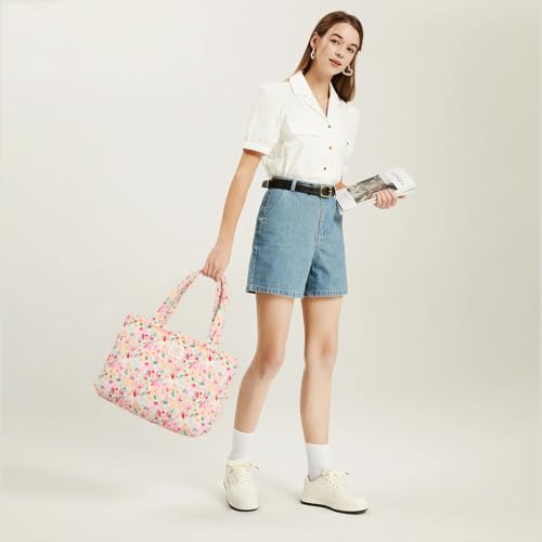 Image of Floral Quilted Cotton Shoulder Bag for Women Medium Size Handbag Large Capacity Thickened Design Tote