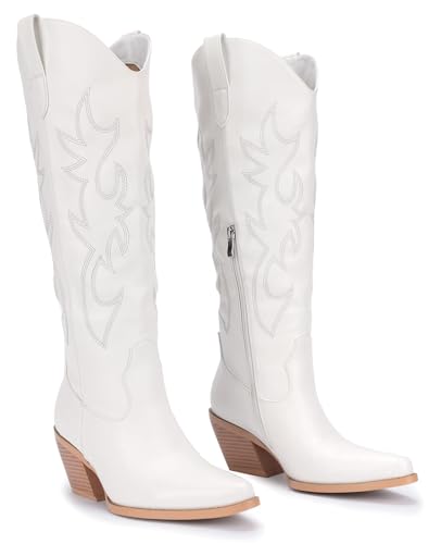 Image of Pasuot Western Cowboy Boots for Women - Knee High Wide Calf Cowgirl Boots, Slip On Pointed Toe Chunky Heel Fashion Retro Classic Pull On Tall Boot for ladies Party concert