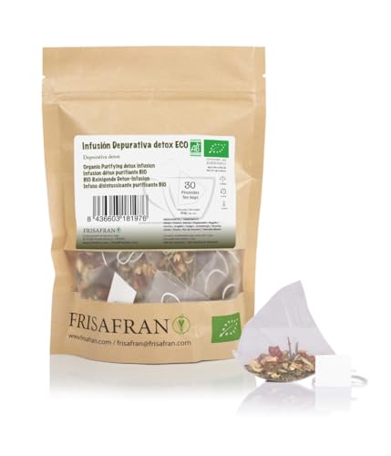 FRISAFRAN | Infusión depurativa Purificante Detox Ecológica en pirámides 30Ud | 60g | Digestiva | Anti-inflamacion | té drenante con efecto diuretico | Propiedades Detox | Antioxidante Natural | Té