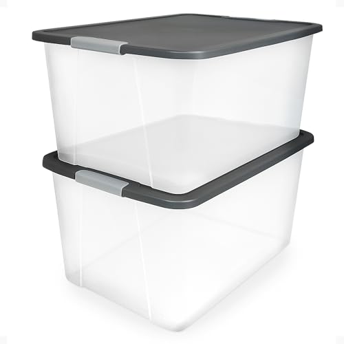 HOMZ 2-Pack Secure Latch, Clear Plastic Storage Organizer Bins, 64 Quart, Gray Lid - Heavy-Duty...