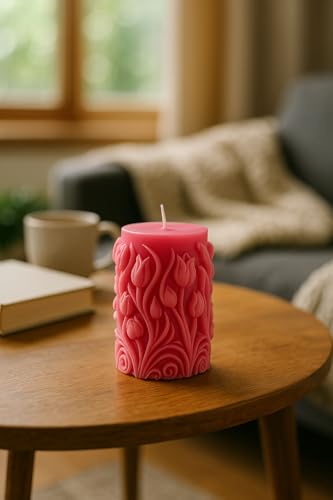 Image of Premium Scented Tulip Carved Candle - Handcrafted Decorative Scented Candle for Home Decor, Gifting & Romantic Ambience, Upto 25 Hours Burn time (Pink, Rose)
