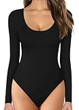 Shen&Qege Women's Bodysuits thong Scoop Neck long Sleeve Bodysuit Tops