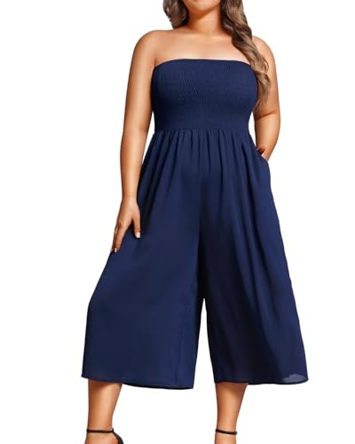 Pinup Fashion Plus Size Jumpsuits Women Cover Up Casual Off Shoulder Strapless Wide Leg Pants Romper with Pockets