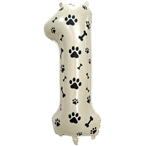 Image of 40 Inch Cream Beige Number 1 Foil Balloon DIY with Dog Paw Bone Stickers