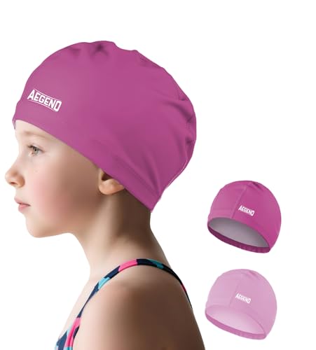 Aegend Kids Swim Cap, Fabric Swimming Cap with High Elasticity, Waterproof Durable Silicone Swim Cap for Long Hair Short Hair, Tear-Free Design for Girls & Boys(Purple & Pink,Medium)