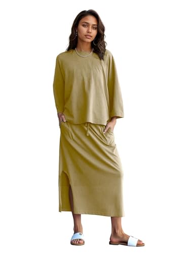 Halfword 2 Piece Sets for Women Oversized Shirt and Maxi Skirt Set Vacation Clothes Casual Lounge Set with Pockets2