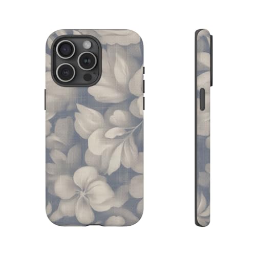 Coque iPhone 15 Pro Max mate anti-trace motif floral vintage bleu beige
