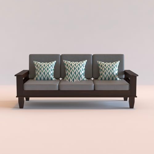 Image of Sheesham Wooden 3 Seater Sofa for Living Room | Rosewood 3 Seater Cushion Sofa with Side Newspaper Holder for Home & Office | Solid Wood Sofa Set for Lounge (-Walnut Finish)