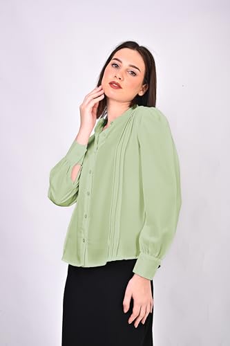 Image of Women's Regular Fit Solid Pleated Cotton Blend Shirts