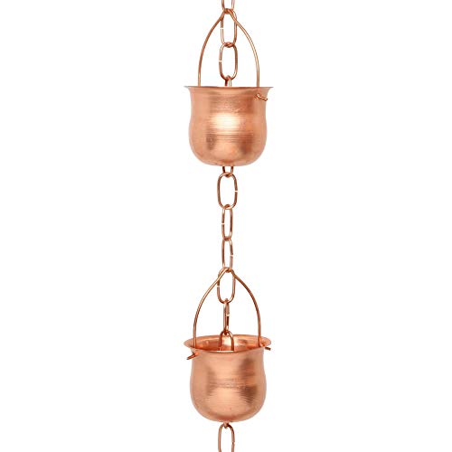 Marrgon Copper Rain Chain – Decorative Chimes & Cups Replace Gutter Downspout & Divert Water Away from Home for Stunning Fountain Display – 6.5’ Long for Universal Fit – Pot Style
