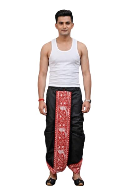 Men's Traditional Dupion Silk Dhoti Pant with Printed Border Comfortable Ethnic Wear for Festivals Puja Weddings Cultural Functions Daily Traditional Attire(Free Size)-image-36