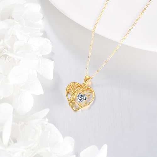 KECHO 14K Solid Gold Tree of Life Necklace Yellow Gold Heart Crystal Pendant 14K Real Gold Jewelry Gifts for Women3