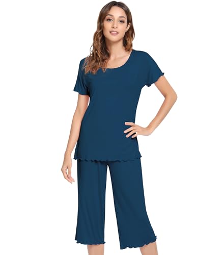 Image of NACHILA Women's Bamboo Viscose Pajama Sets Summer Cooling Short Sleeve Capri Soft Pjs Night Sweats Moisture Wicking Sleepwear