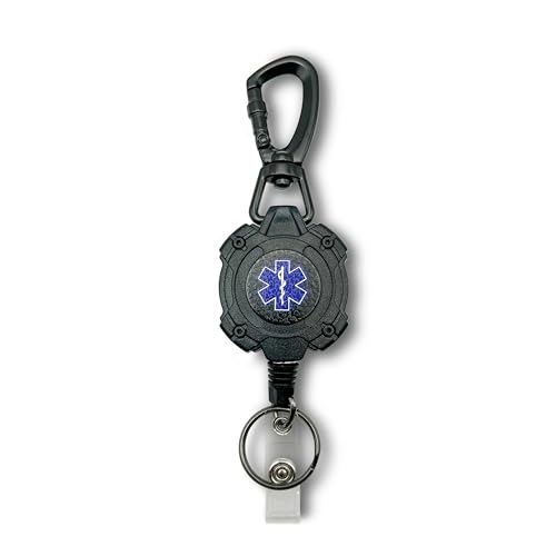 EMS, EMT, Paramedic/Medic Heavy Duty Medical Badge Reel Star of Life. 360° Swivel Carabiner Clip. 32.5” Steel Cable/Rope with Key Ring & ID Strap. 8 oz Weight