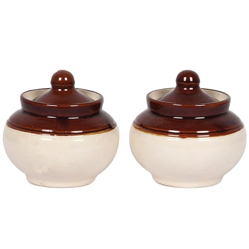 Image of QIMACPLUS Handcrafted Ceramic Pickle Jar Set with Lids - Achar Barni | Achar Ki Barni | Containers for Pickle, Spices, Chutney, and Sauces Storage (Pack of 2-250ml)