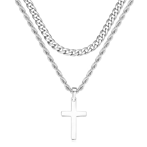925 Sterling Silver Layered Cross Necklace for Men 18K White Gold Plated Pendant Necklace Stainless Steel Cuban Link Twist Chain Jewelry Gifts Cross Chain Necklace for Men 18-26 inches