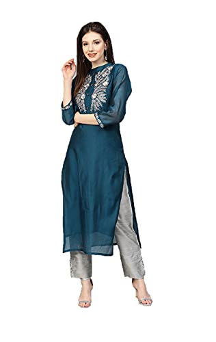 Kurta-Set für Damen mit Palazzo Partykleidung Indische Kurti Tunika Tops Set für Damen mit Hosen Hose, Marineblau und Grau, Large Cover