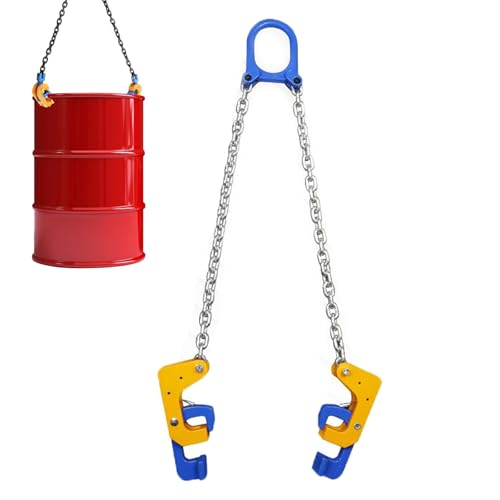 Morsetti resistenti per tamburi con ganci e catene per un sollevamento sicuro in garage e officina