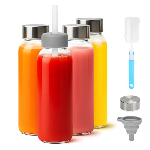 Zukro Glass Water Bottles with Lids & Straw 16 oz, 4 Pack Reusable Juice Bottles With Stainless Steel Cap for Juicing, Leak Proof Clear Smoothie Drinking Jars Beverages Containers, BPA Free